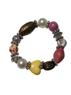 Artisan Beaded Bracelet Chunky Heart Faux Pearl Accents Boho Fashion Jewelry